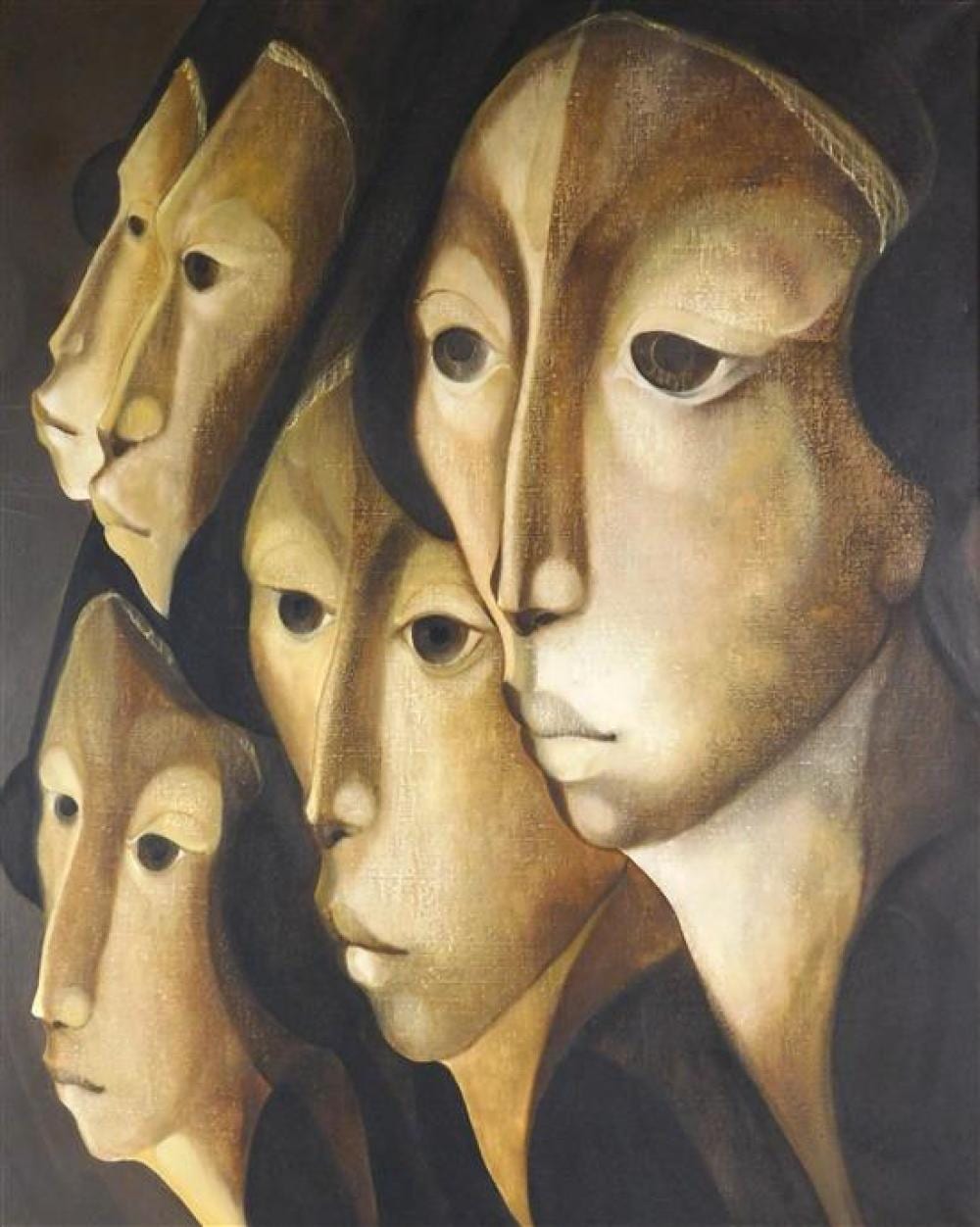 Mario Lopez Cano comparable auction result: mario lopez cano mexico b 1928 caras mayas oil on canvas study of five faces with black head coverings signed lower left