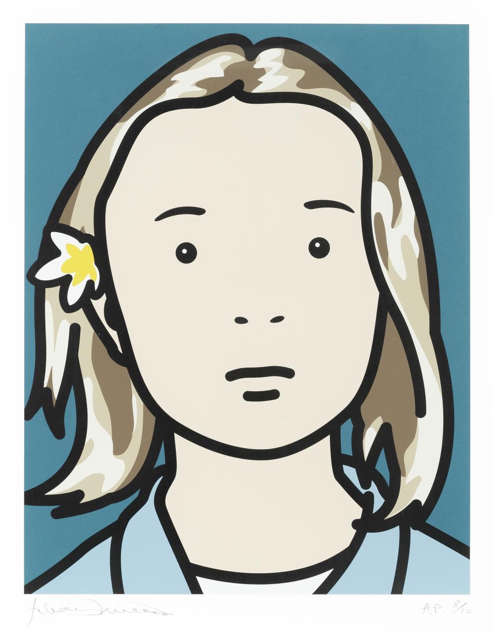 Julian Opie (British, born 1958) Elena, schoolgirl (with lotus blossom) Screenprint in colours, 2006, on wove, signed and inscribed 'A.P. 8/10' in pencil, one of ten artist's proofs aside from the numbered edition of 100, printed by Advanced Graph... sold by Bonhams, lot 233 — auction record photograph
