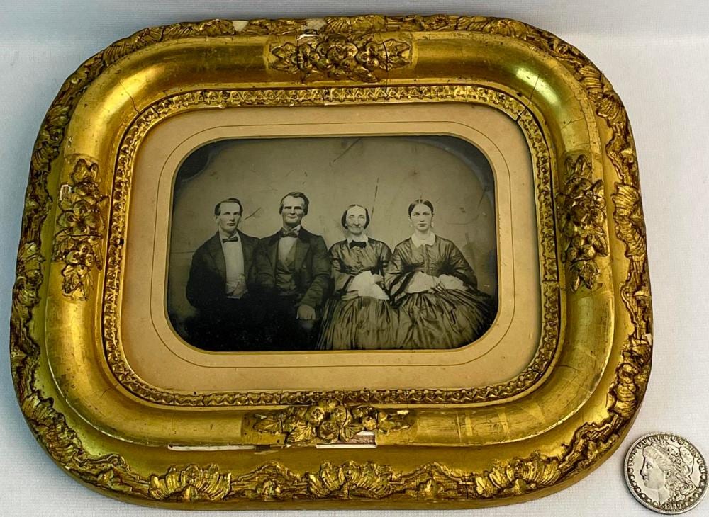 Antique 1861 Identified Ward Family w/ Tinted Cheeks and Jewelry Full Glass Plate Ambrotype ORNATE GESSO GOLD GILT FRAMED sold by One Source Auctions, lot 120 — auction record photograph