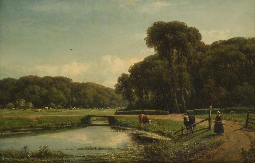 Johannes Gijsbert Vogel comparable auction result: johannes gijsbert vogel hooge zwaluwe 1828 1915 velp a cow herd with cattle on a sandy track along a small river