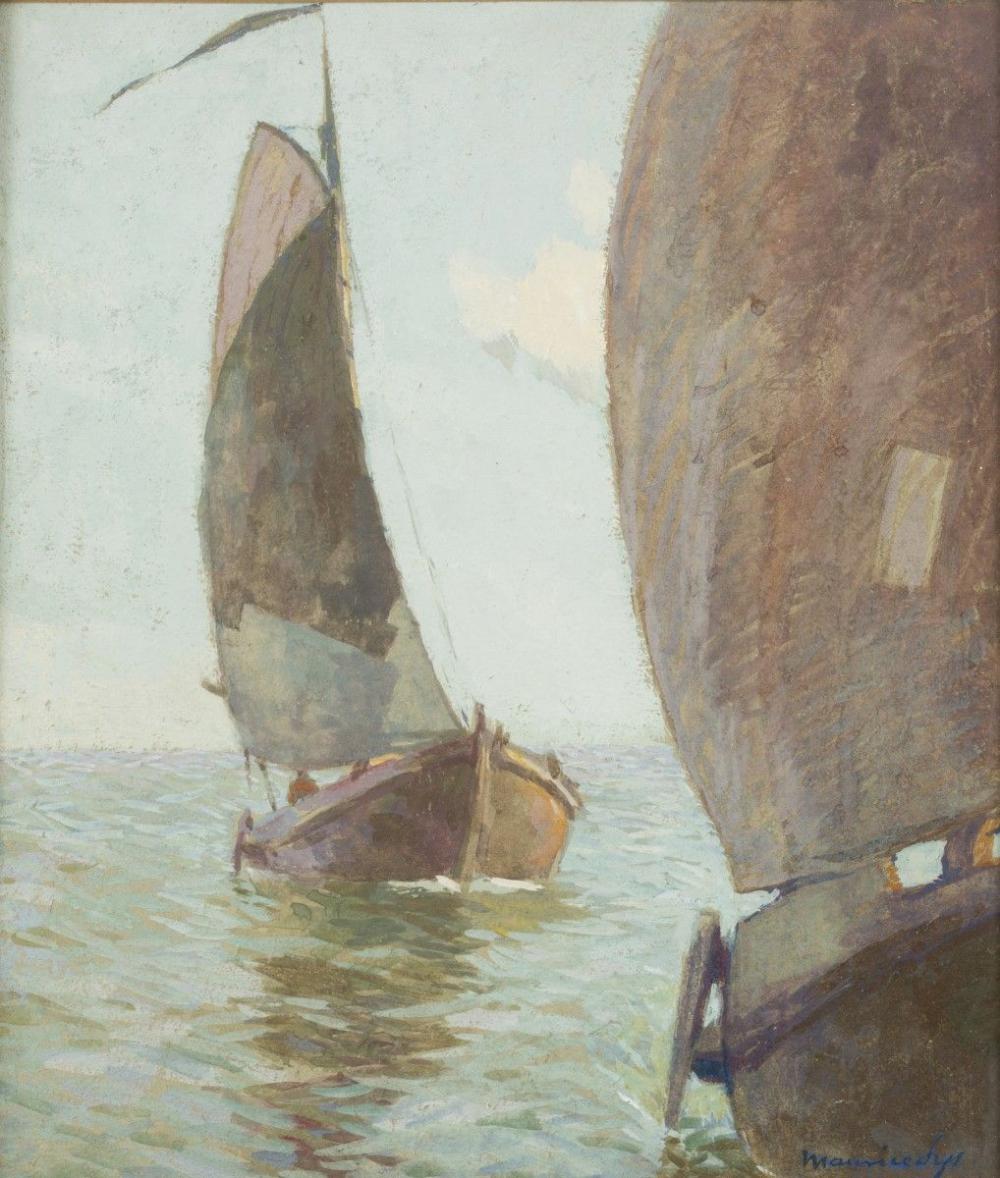 Painting of two sailboats on choppy water, shown from a close side view with billowing sails and gray-blue sky.