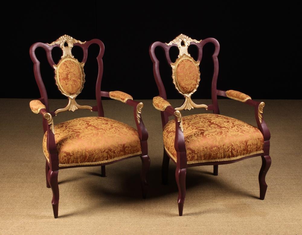 Paul Konewka comparable auction result: a pair of edwardian painted and partially gilt salon armchairs the open carved backs centred by pa