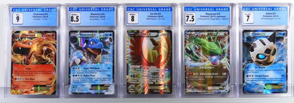 Five Pokemon trading cards displayed in clear plastic holders, each labeled “CGC UNIVERSAL GRADE.”