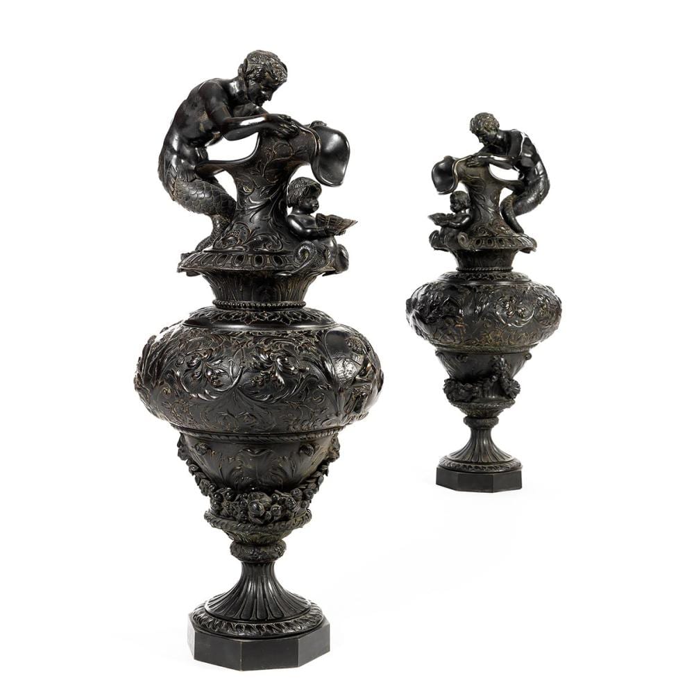 ? Grosse comparable auction result: paar imposante grosse bronzevasen mit vollplastischen figuren