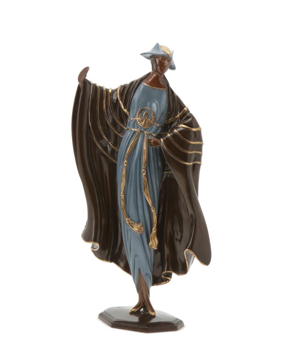 Romain (Erté) De Tirtoff, (1892-1990, Russian), "Rue de la Paix," 1987, Cold-painted and gilt bronze, 14.25" H x 7" W x 3" D sold by John Moran Auctioneers, lot 1134 — auction record photograph