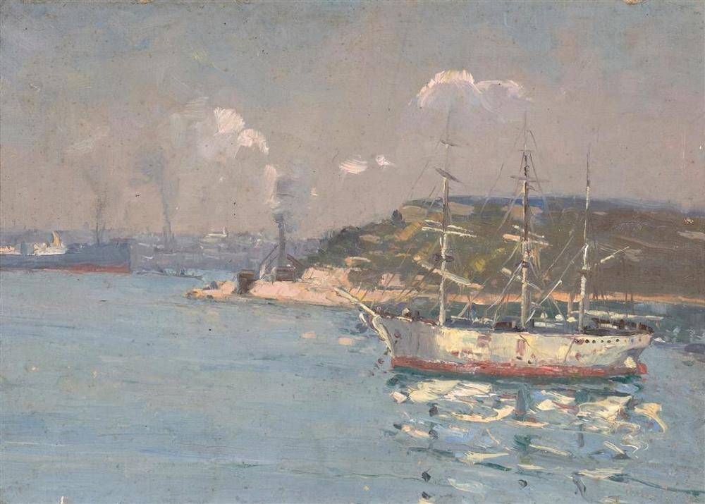 Robert Waden comparable auction result: robert waden 1900 1946 sailing boats in harbour with distant view of ships oil on canvas on board 24 5 x 34 5 cm frame 31 x 41