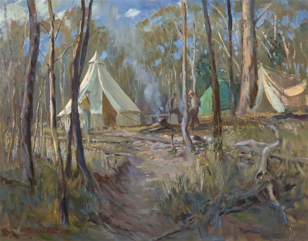 Julian Richard Ashton comparable auction result: julian richard ashton 1913 2001 campsite 1971 oil on board 64 x 79 5 cm frame 75 x 90 x 2 cm signed and dated lower left