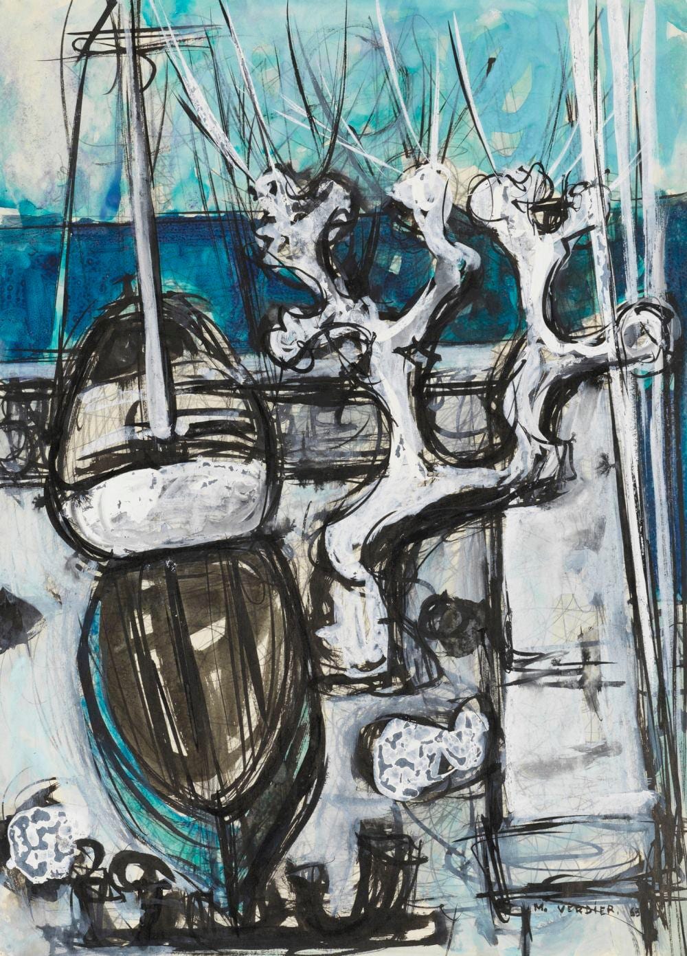 Maurice Verdier comparable auction result: maurice verdier 1919 2003 compositon au bateau gouache sign e en bas droite 60 x 44 cm p