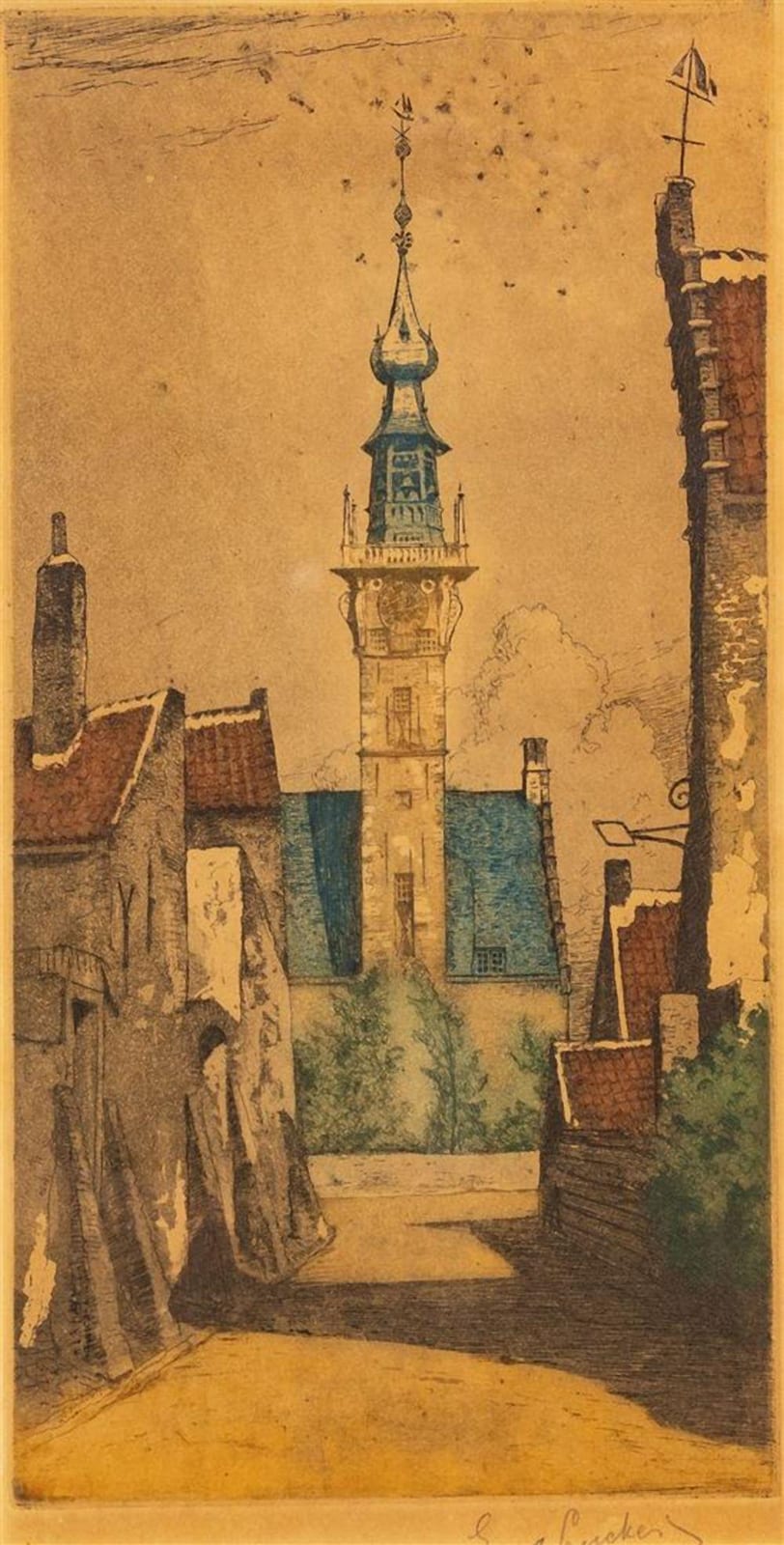 Eugène Lücker comparable auction result: eug ne l cker 1876 1943 stadhuis van veere kleurenets r o gesign