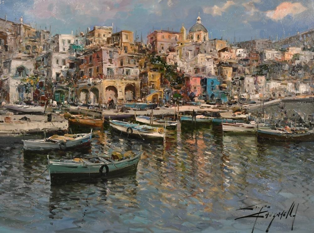 Ciro Canzanella comparable auction result: ciro canzanella b 1948 italian fishing boats moored in a colourful port oil on canvas signed and also ins