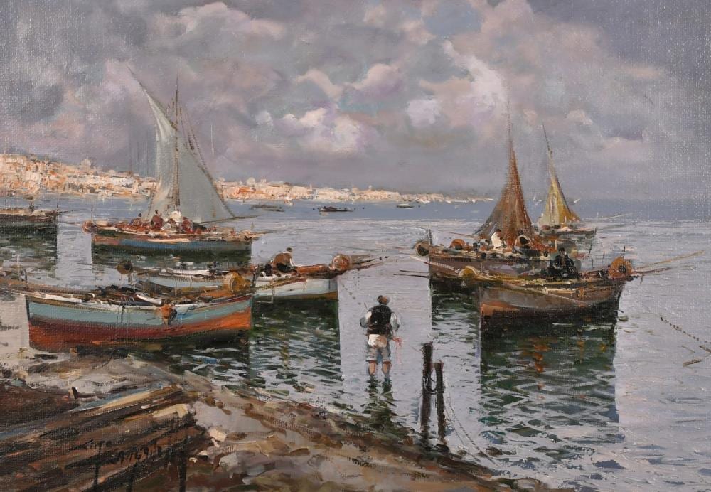 Ciro Canzanella comparable auction result: ciro canzanella b 1948 italian fishermen by moored boats with a bay and town beyond oil on canvas signed