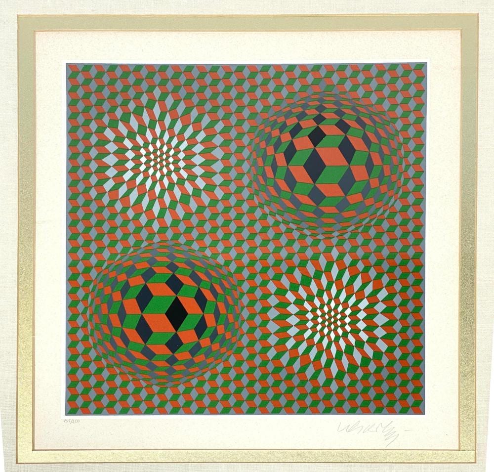 Framed optical-art print with red, green, and black cube patterns forming two rounded bulges and spiral forms.
