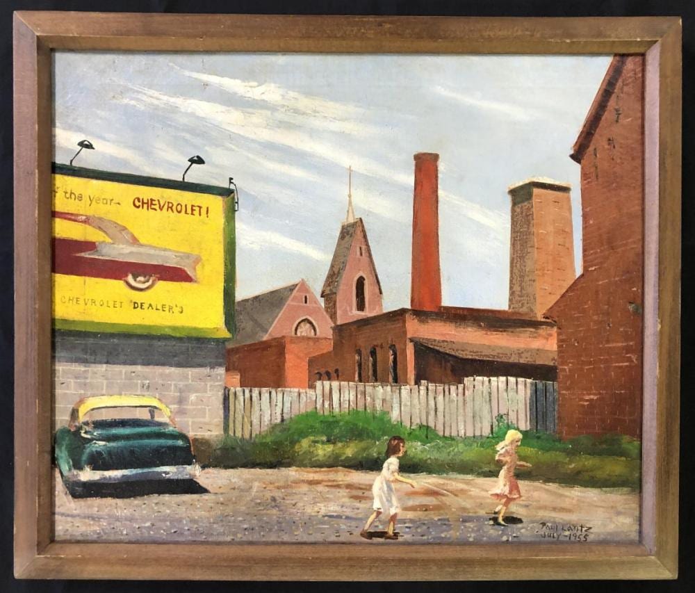 Paul Lantz comparable auction result: paul lantz oil on canvas parking lot playground