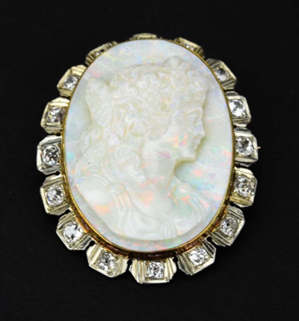 Antique Yellow Gold Diamond & Opal Cameo Brooch sold by Greenwich Auction, lot 59 — auction record photograph