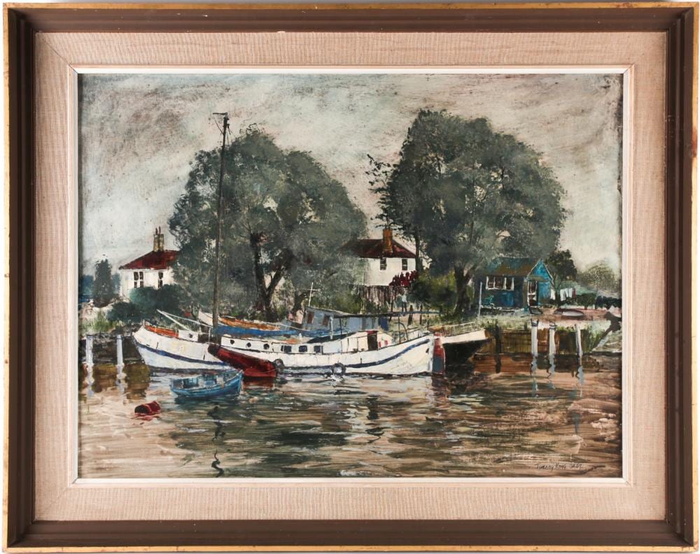 Jeremy King comparable auction result: jeremy king b 1933 wash hill woodburn bucks a river scene oil on panel signed and dated 1969 60 cm x 80 cm in a wooden frame