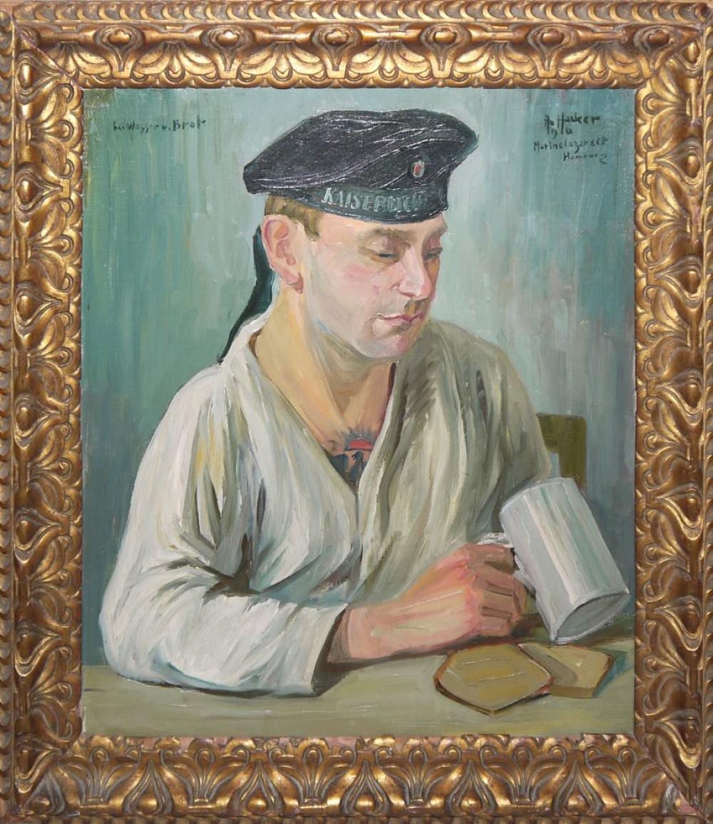 Adolf Hacker comparable auction result: adolf hacker bei wasser u brot bildnis eines marinesoldaten signiertes lgem lde von 1916 im originalen jugendstilrahmen