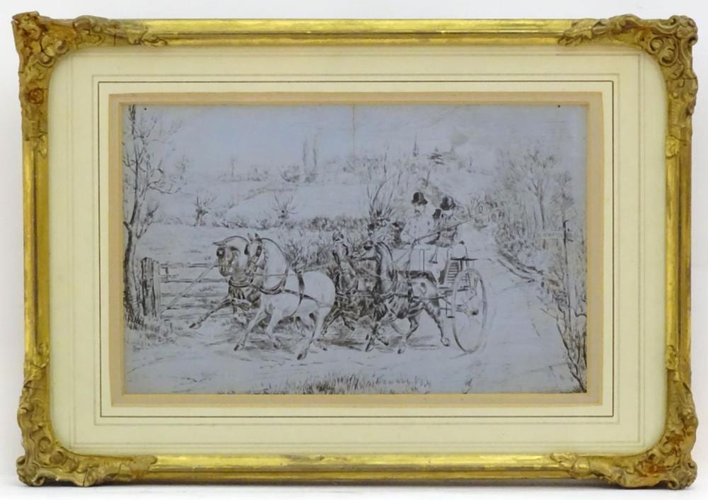 Randolph Caldecott comparable auction result: randolph caldecott 1846 1886 pen and ink on embossed paper two men wearing in travelling coats a
