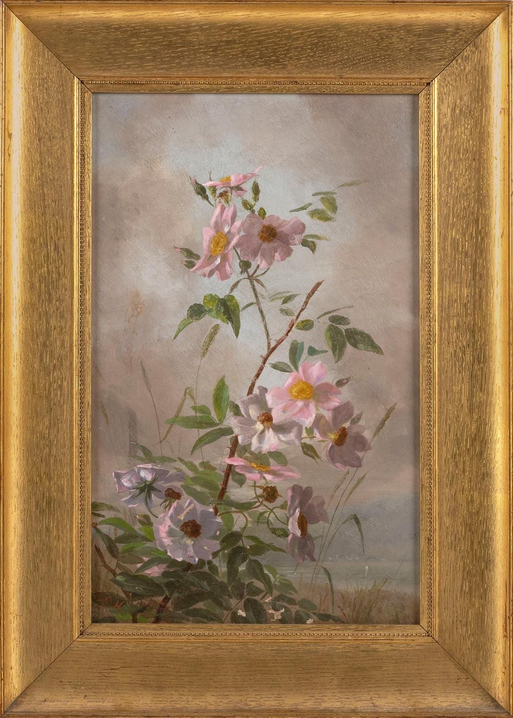 anna eliza hardy maine massachusetts 1839 1934 pink beach roses oil on canvas 16 x 10 framed 20 x 15 · Eldred's · 2021-11-01 Anna Eliza Hardy comparable auction result: anna eliza hardy maine massachusetts 1839 1934 pink beach roses oil on canvas 16 x 10 framed 20 x 15