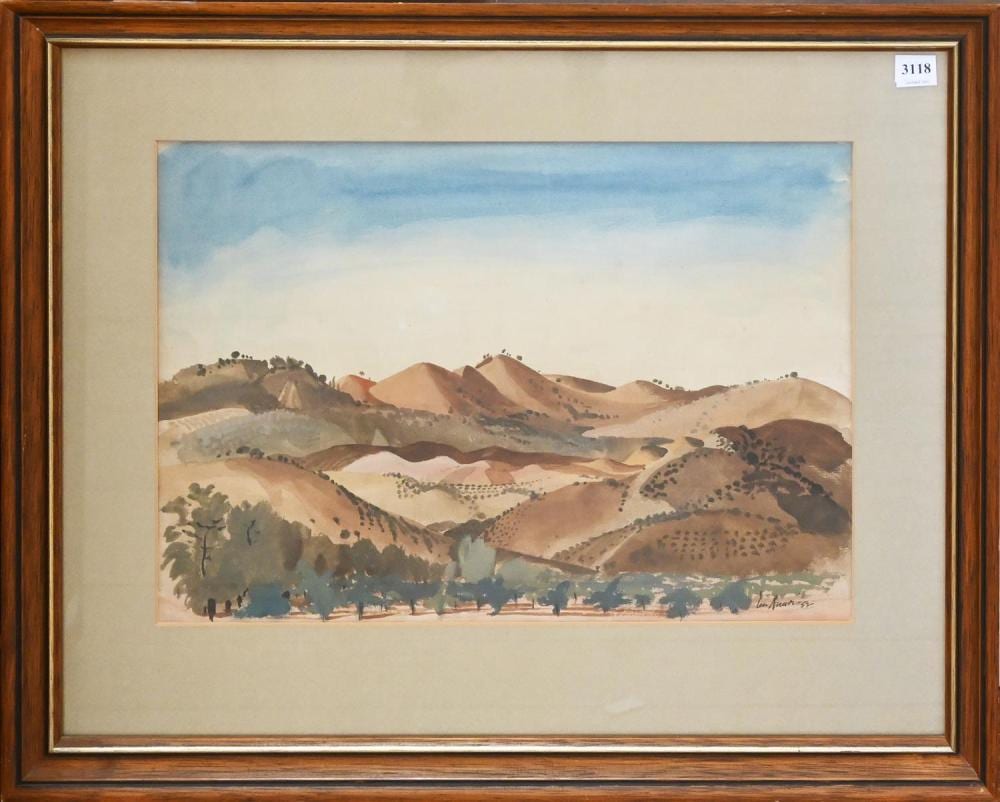 Leonard Lloyd Annois comparable auction result: len annois rolling hills 1952 watercolour on paper 30 x 43cm condition overall good discolouration to mount framed