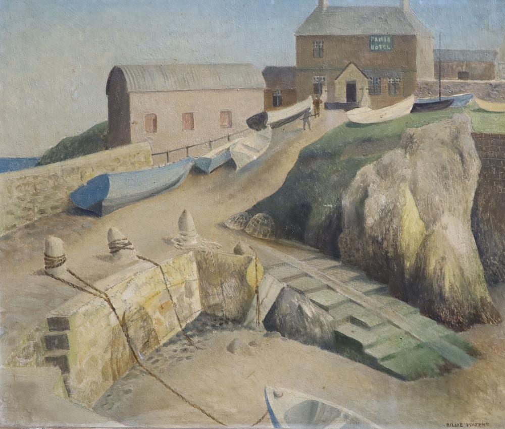 Billie Waters comparable auction result: billie waters 1896 1979 fishing village with the paris hotel oil on board 37 x 44cm