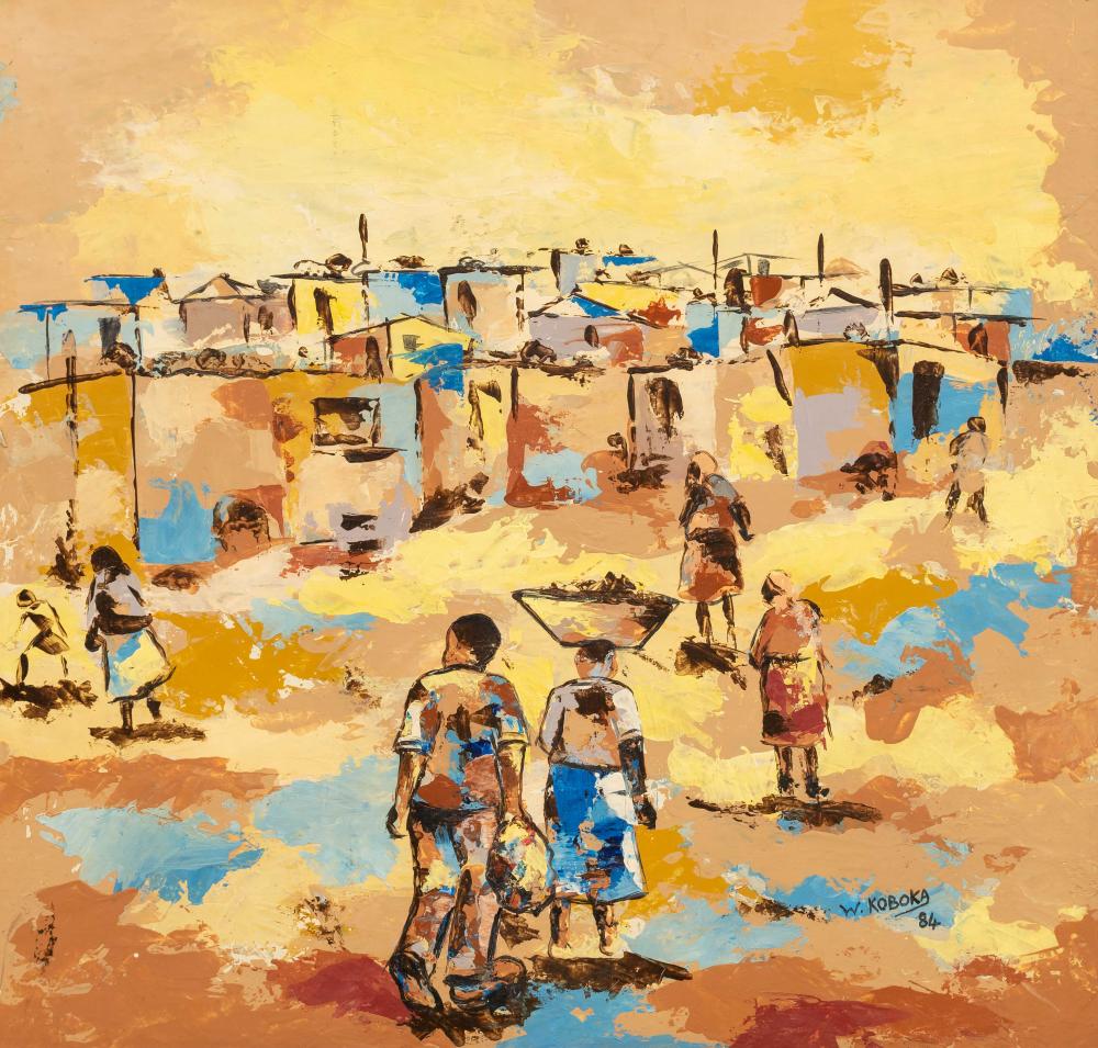 welcome koboka sa 1941 1997 oil township scene with figures signed dated 84 62 x 65 · 5th Avenue Auctioneers · 2021-10-24 Welcome Koboka comparable auction result: welcome koboka sa 1941 1997 oil township scene with figures signed dated 84 62 x 65