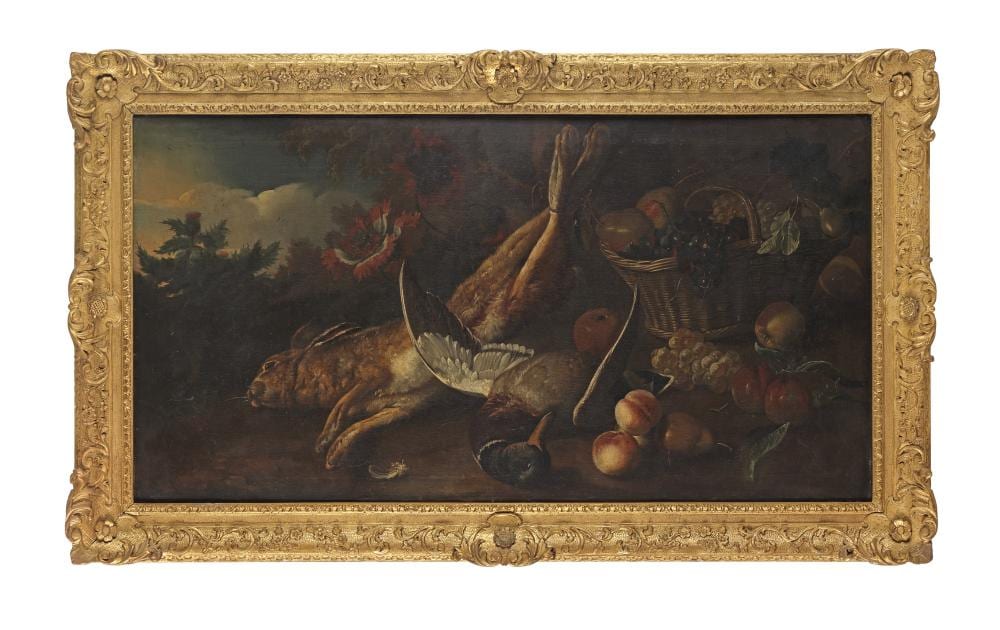 Charles (1851) Collins comparable auction result: charles collins circa 1680 1744 london a dead hare and mallard beside of a basket of fruit before a landscape
