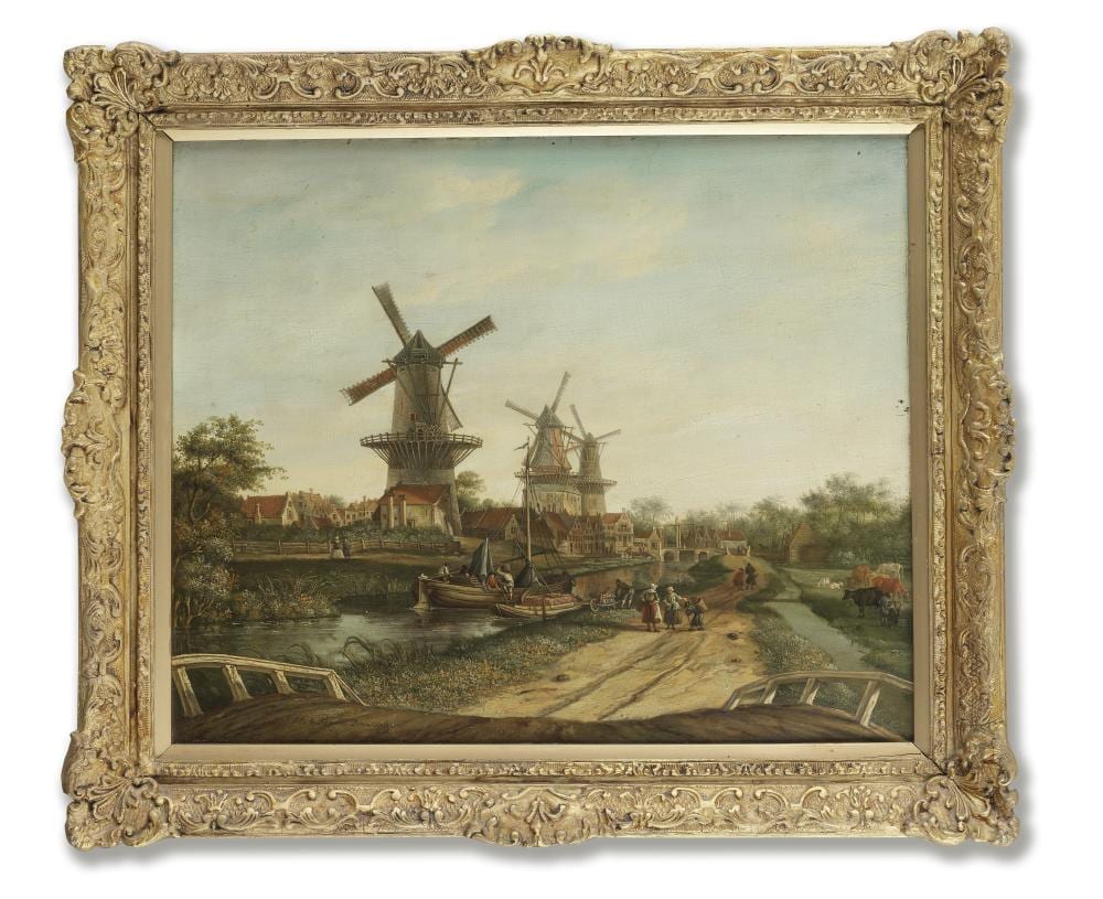 Paulus la Fargue comparable auction result: paulus constantijn la fargue the hague 1729 1782 leiden figures on a path before a village with three windmills