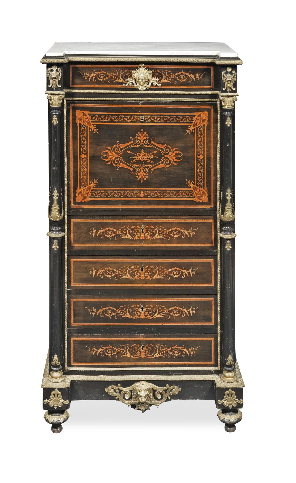 Charles-Guillaume Diehl comparable auction result: a napoleon iii ormolu mounted ebonised tulipwood banded amaranth and marquetry secretaire a abbatant possibly by charles guillaume diehl