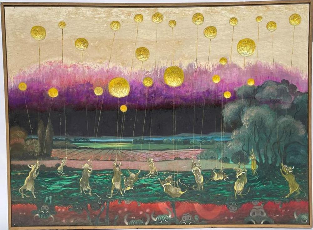 james apostle oil painting cows flying balloons · Kimball's Auction · 2021-10-03 James Apostle comparable auction result: james apostle oil painting cows flying balloons
