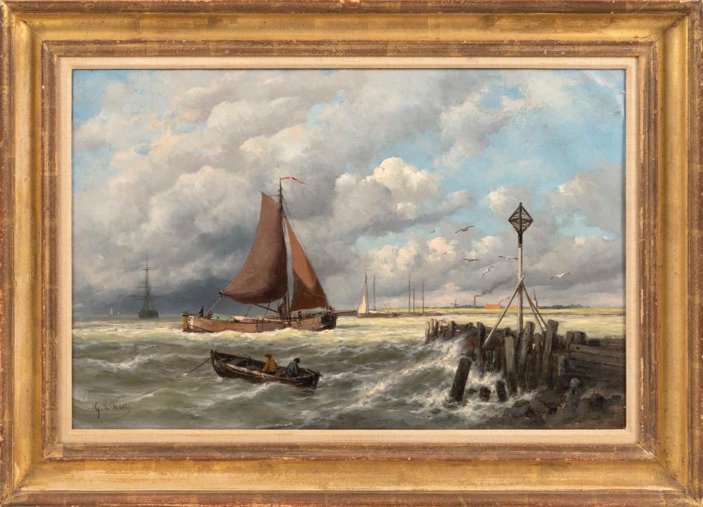 George Laurens Kiers comparable auction result: george laurens kiers the netherlands 1838 1916 sailboat entering a harbor oil on canvas 17 x 27 framed 23 x 32 5