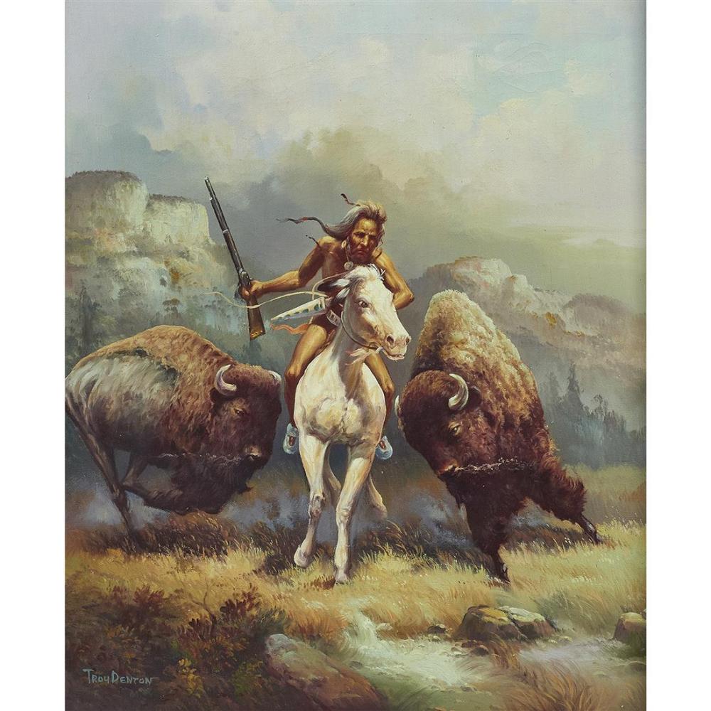 A cowboy-like woman astride a white horse while two large brown bison or cattle flank her in a grassy landscape under a cloudy sky.
