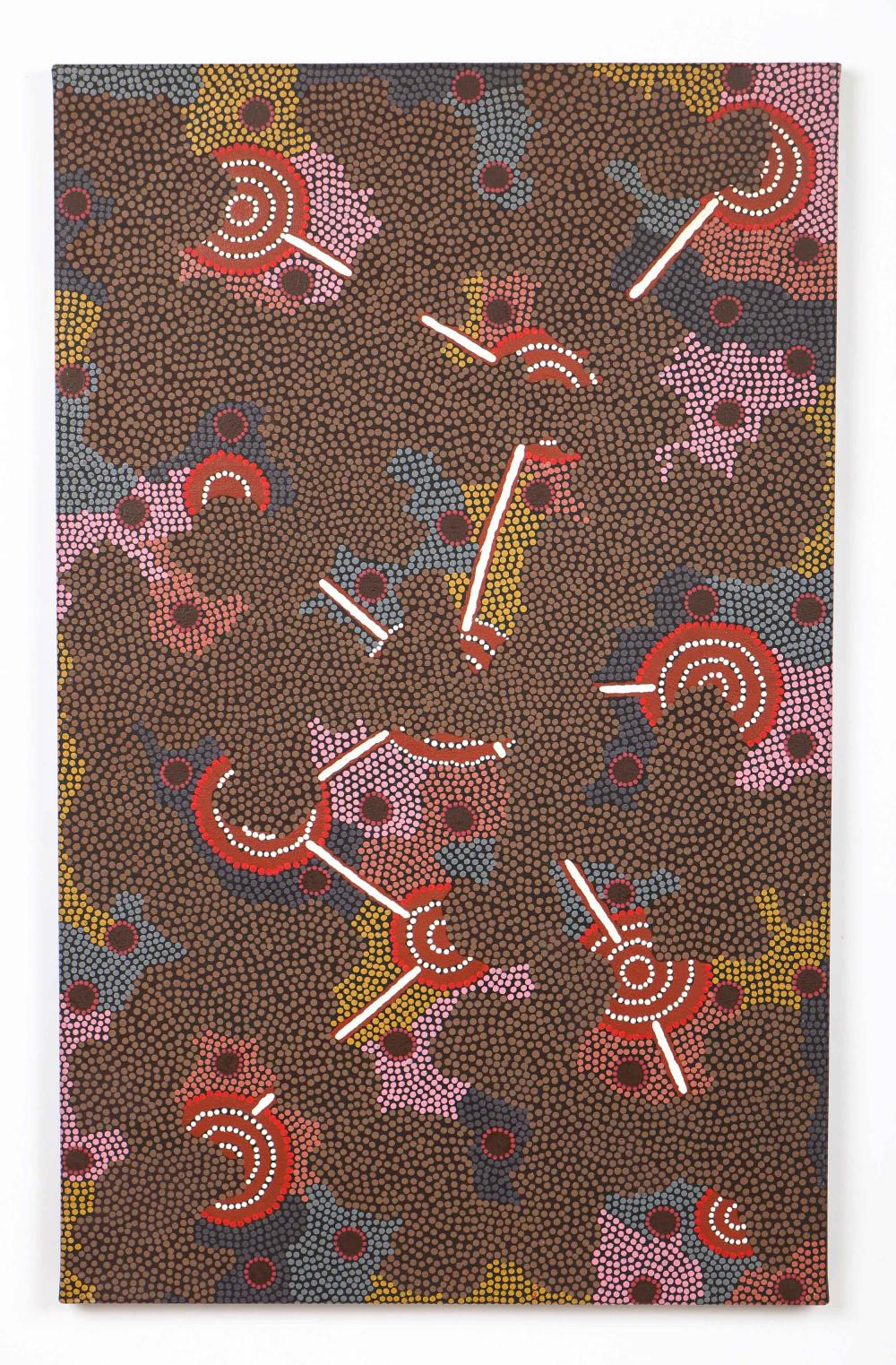 Colorful Aboriginal dot-painting style artwork with rhythmic circular motifs, small dot patterns, and white curved line designs on a dark brown background.