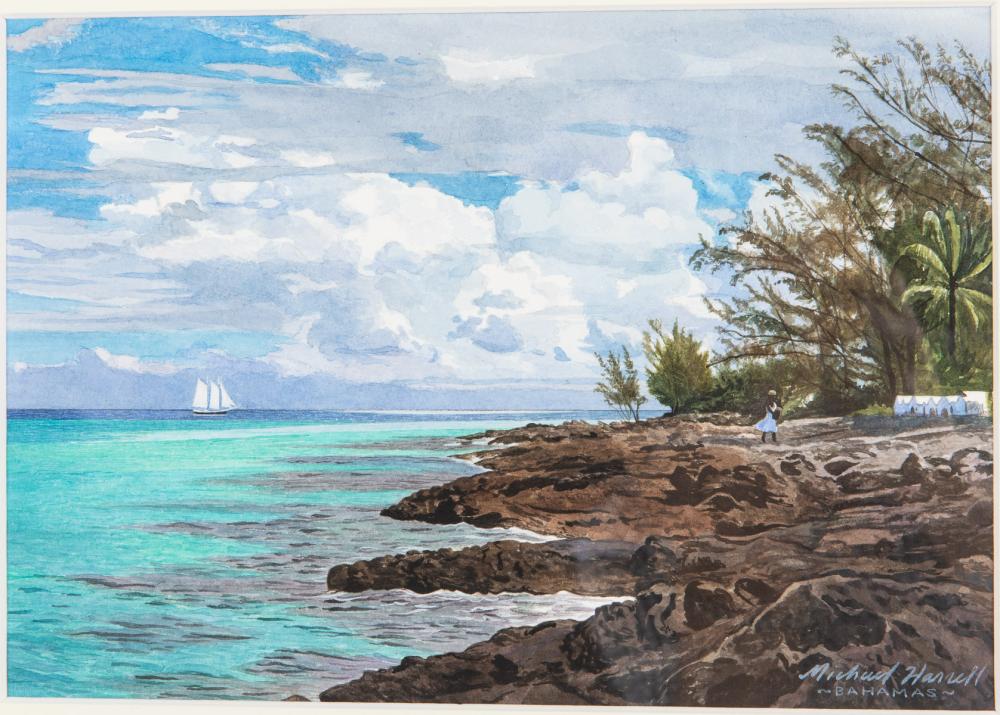 MICHAEL HARRELL, EDGE OF THE GULFSTREAM, WATERCOLOR sold by Everard Auctions and Appraisals, lot 321 — auction record photograph