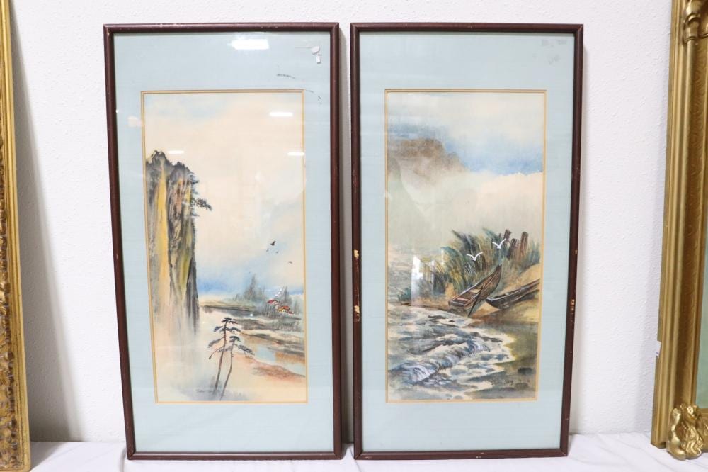Dickens Chang comparable auction result: 2 framed watercolor rural scene by dickens chang