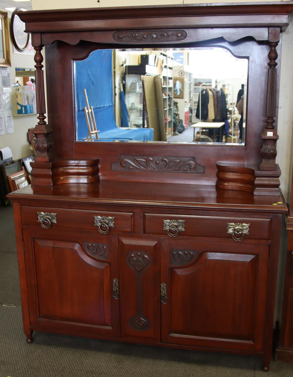 EDWARDIAN WALNUT SIDEBOARD MIRROR BACK sold by Albion Antique Auction Centre, lot 452 — auction record photograph