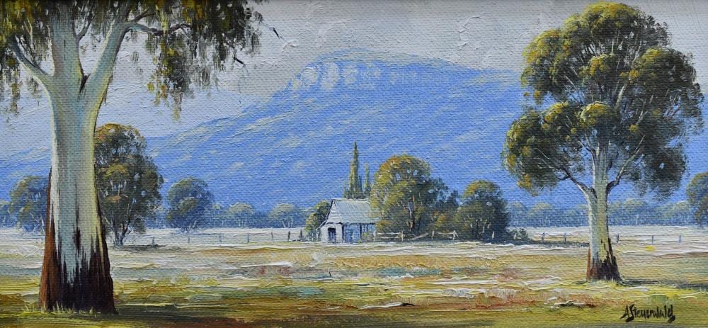 Alex Steuerwald comparable auction result: alex steuerwald australian 1940 farmhouse newnes nsw oil on board image 14x30 frame 28x45