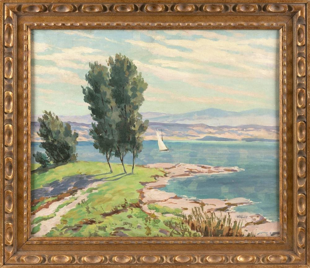 Georges Wakhevitch comparable auction result: georges wakhevitch france 1907 1984 expansive shore scene with sailboat oil on canvas board 20 x 24 framed 25 x 29