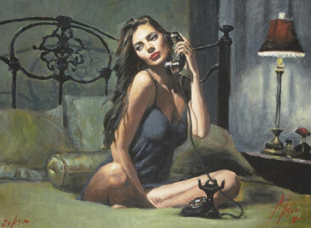 Fabian Perez, Argentinian b.1967- Black Phone II; giclée print in colours on canvas board, signed sold by Roseberys, lot 382 — auction record photograph