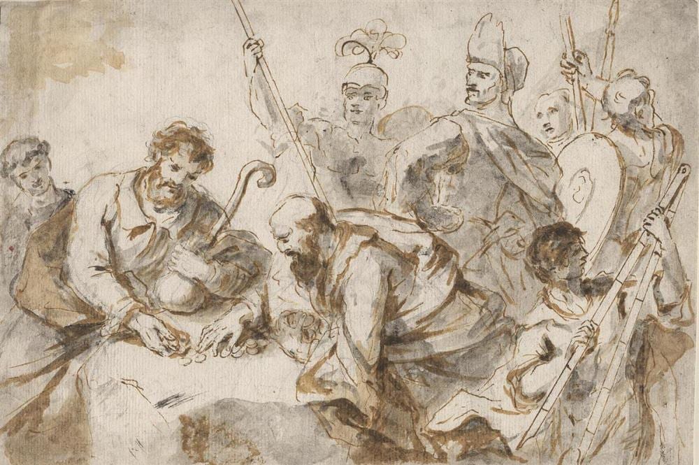 Marco Marcola comparable auction result: marco marcola verona 1740 1793 verona men exchanging money at a table viewed by soldiers