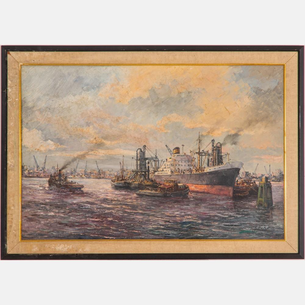 Peter Van Schaik comparable auction result: pieter van schaik jr dutch 1910 1991 harbor scene oil on canvas