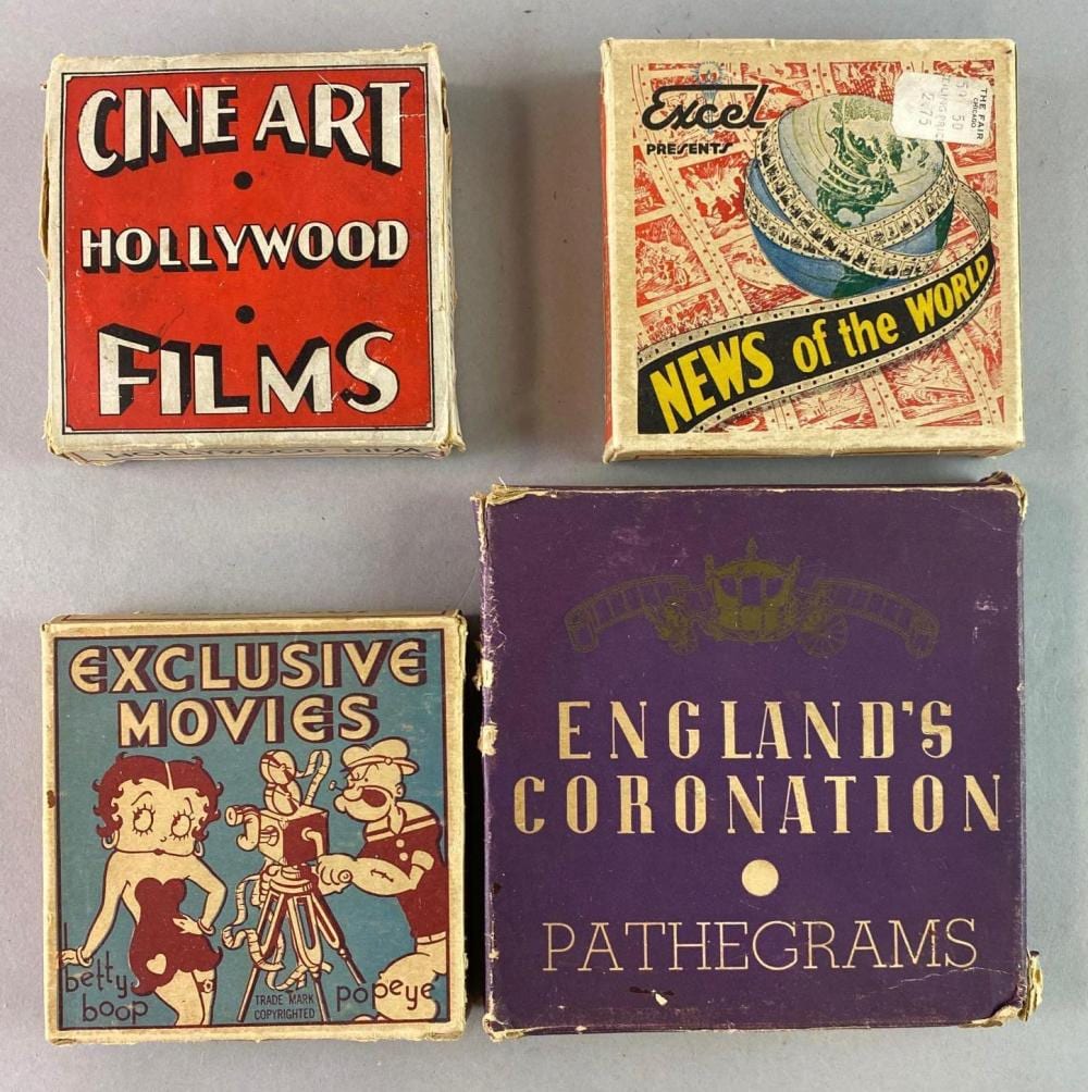 Four vintage 16mm film short boxes with illustrated front covers reading “Cine Art Hollywood Films,” “News of the World,” “Exclusive Movies,” and “England’s Cor