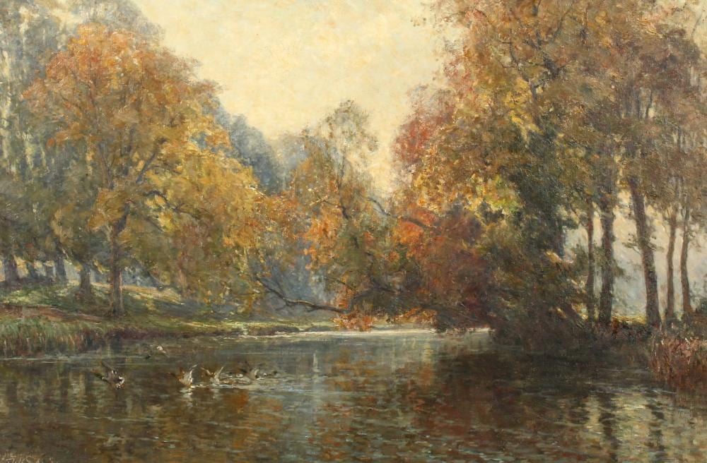Frederick Whitehead comparable auction result: frederick whitehead 1853 1938 british autumn the river avon oil on canvas signed and with label verso