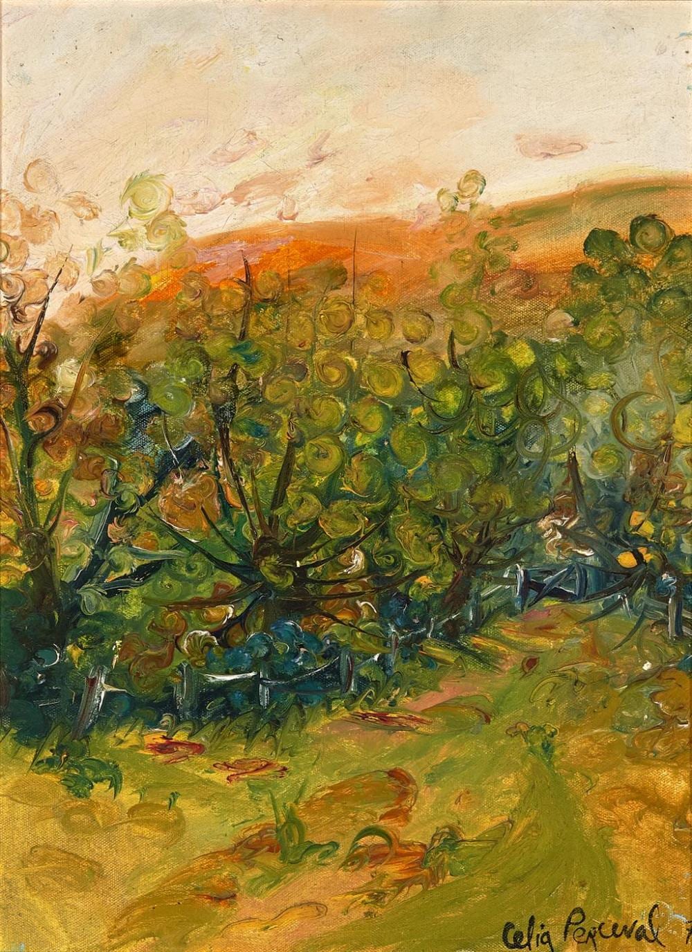 CELIA PERCEVAL (1949 - ) Late Sun on Willows, c1970s oil on canvas 38.5 x 29 cm (frame: 55 x 45 x 5 cm) signed and dated lower right... sold by Lawsons, lot 504 — auction record photograph