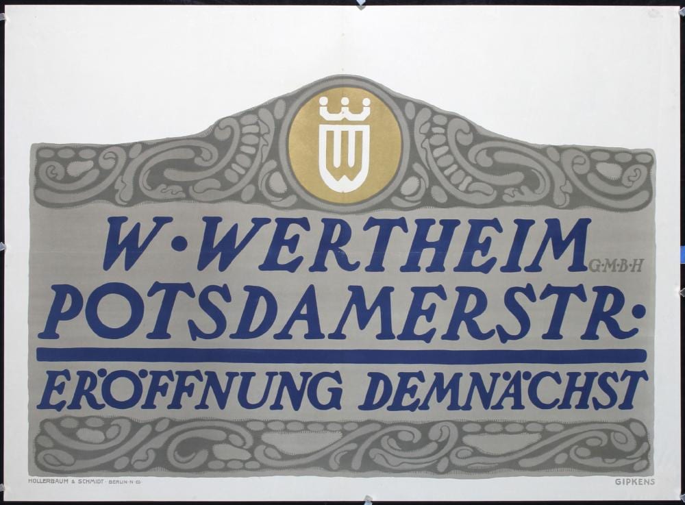 Julius Gipkens comparable auction result: original 1900s julius gipkens poster wertheim typograph