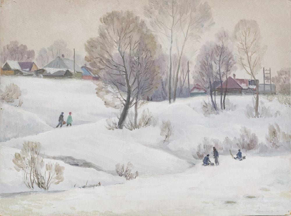 Viktor Andreevich Gertsenok comparable auction result: viktor andreevich gertsenok ukrainian 1934 2017 oil on cardboard 1976 h 15 1 2 w 23 1 2 winter landscape in the ukraine