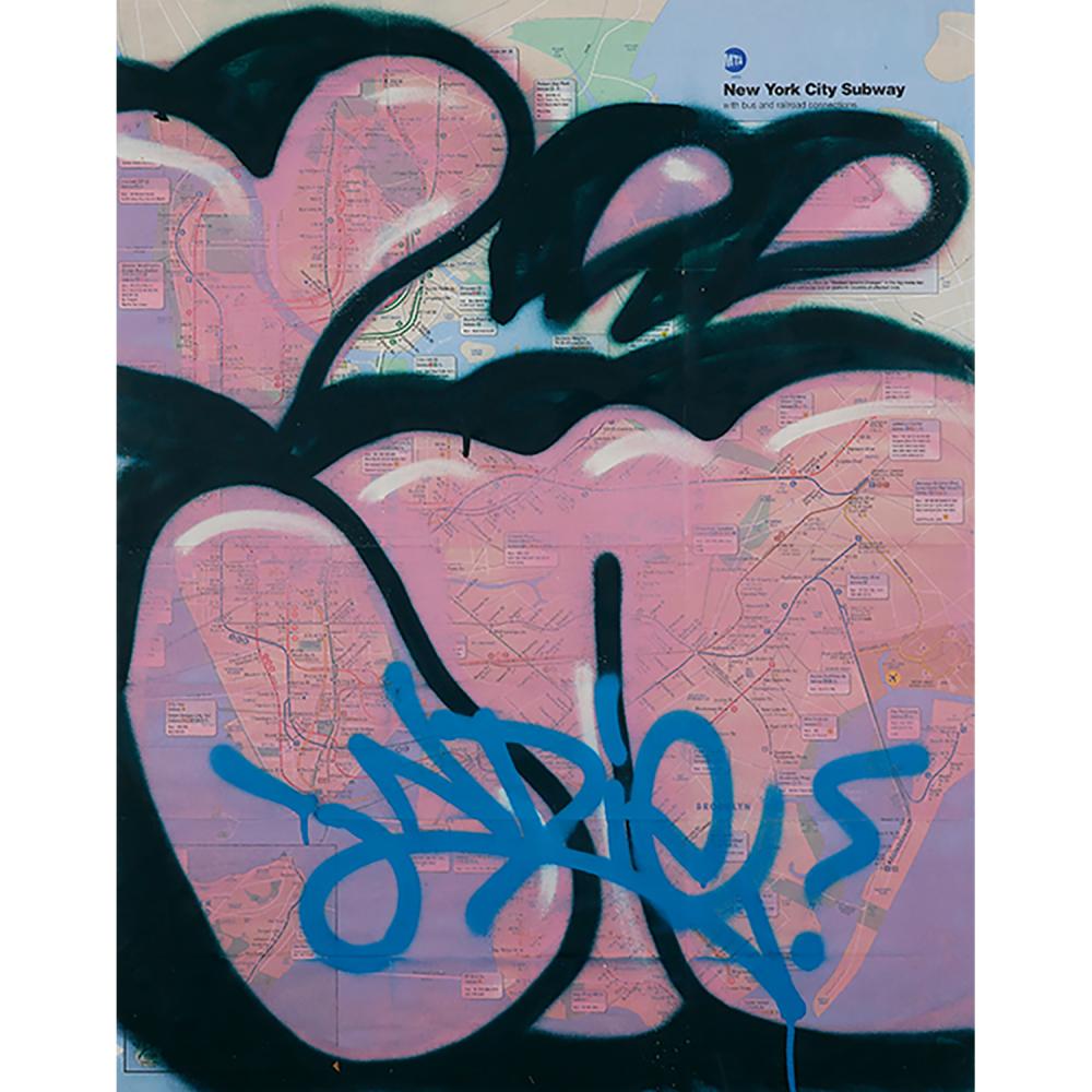 INDIE184 comparable auction result: indie 184 n e en 1980 sans titre peinture a rosol sur plan de m tro de new york sign spray paint on nyc subway map sign