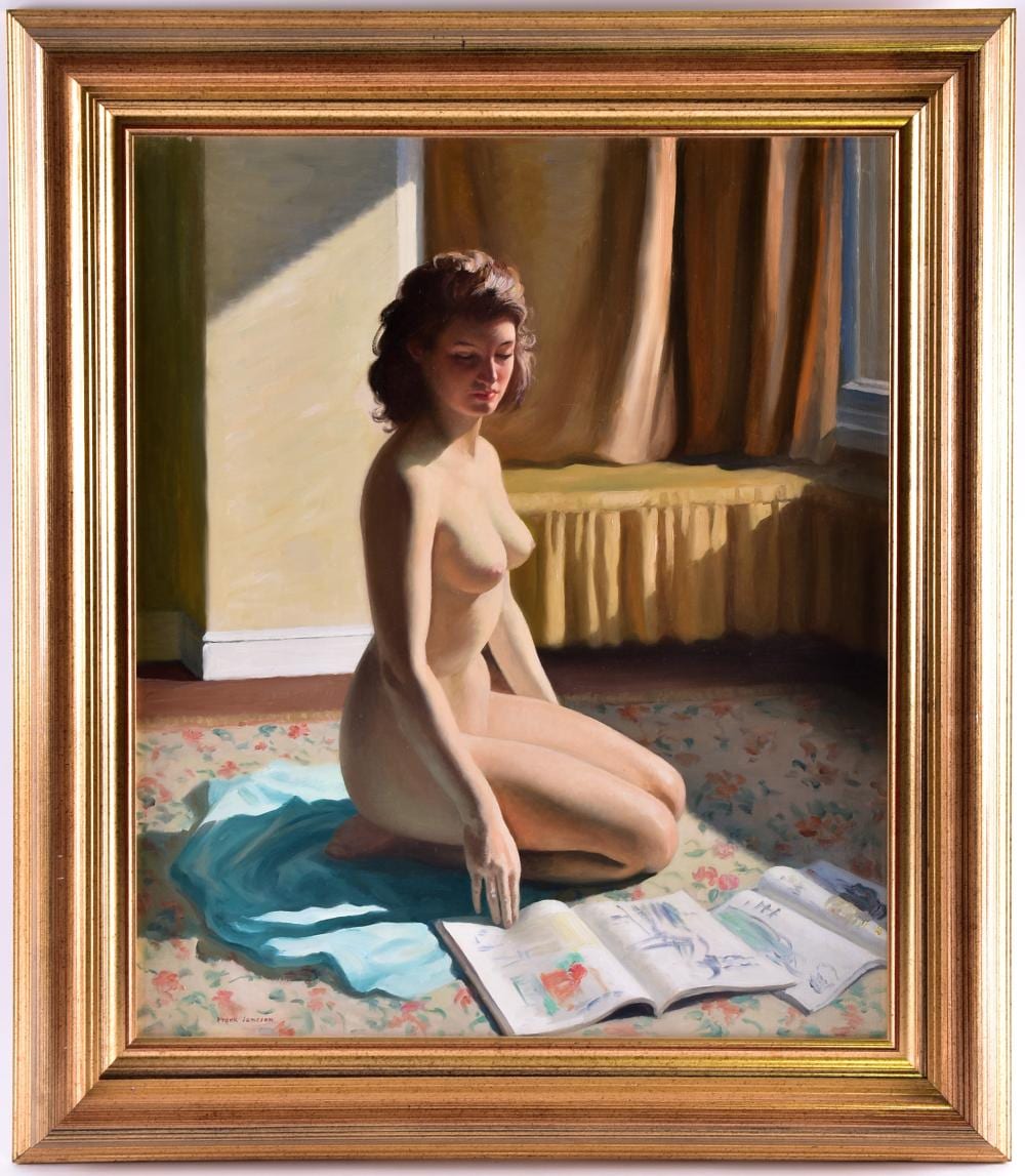 Frank Jameson comparable auction result: frank jameson 1899 1968 the magazine a portrait of a kneeling female nude oil on canvas signed to lower left corner 60 5 cm x 50 cm in a gilt frame