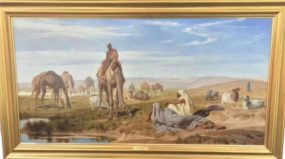 Antique 19th C oil painting on canvas of Arabs & camels by Frederick Goodall. Length: 117 cm. Width: 60 cm sold by Cadmore Auctions, lot 23 — auction record photograph