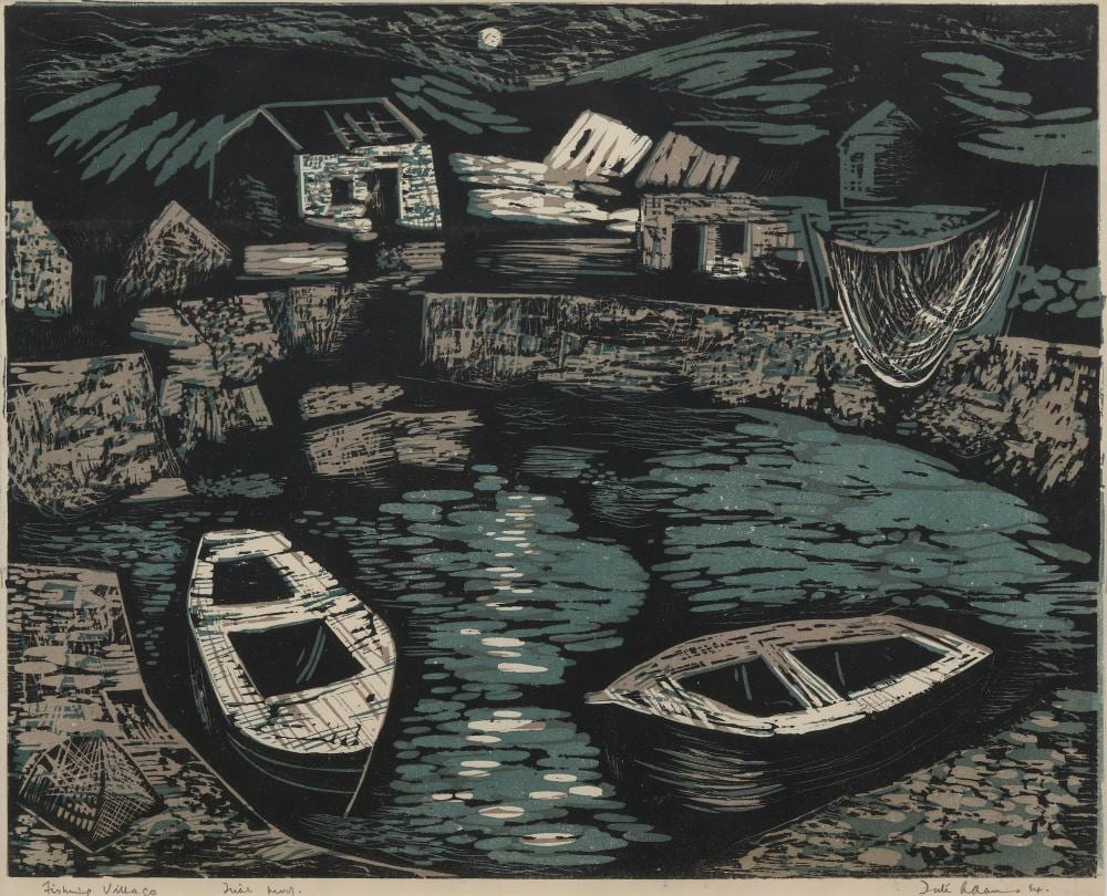 Tate Adams comparable auction result: tate adams 1922 2018 fishing village 1954 linocut ed t p