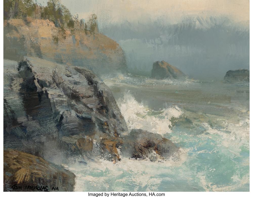 Thomas Andrew Nicholas comparable auction result: thomas andrew nicholas american b 1934 waves crashing on rocks oil on board